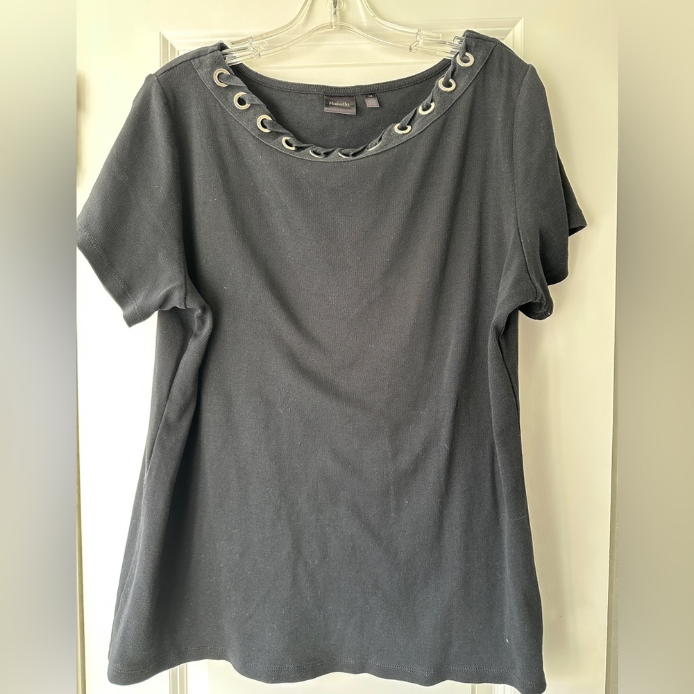 Rafaella Black Short Sleeve Top with Silver Grommet Neckline - Picture 2 of 5